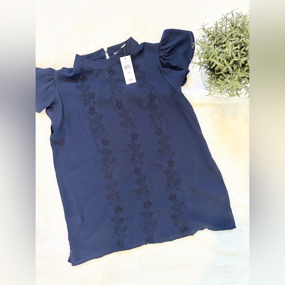 LOFT Blue Embroidered Blouse NWT